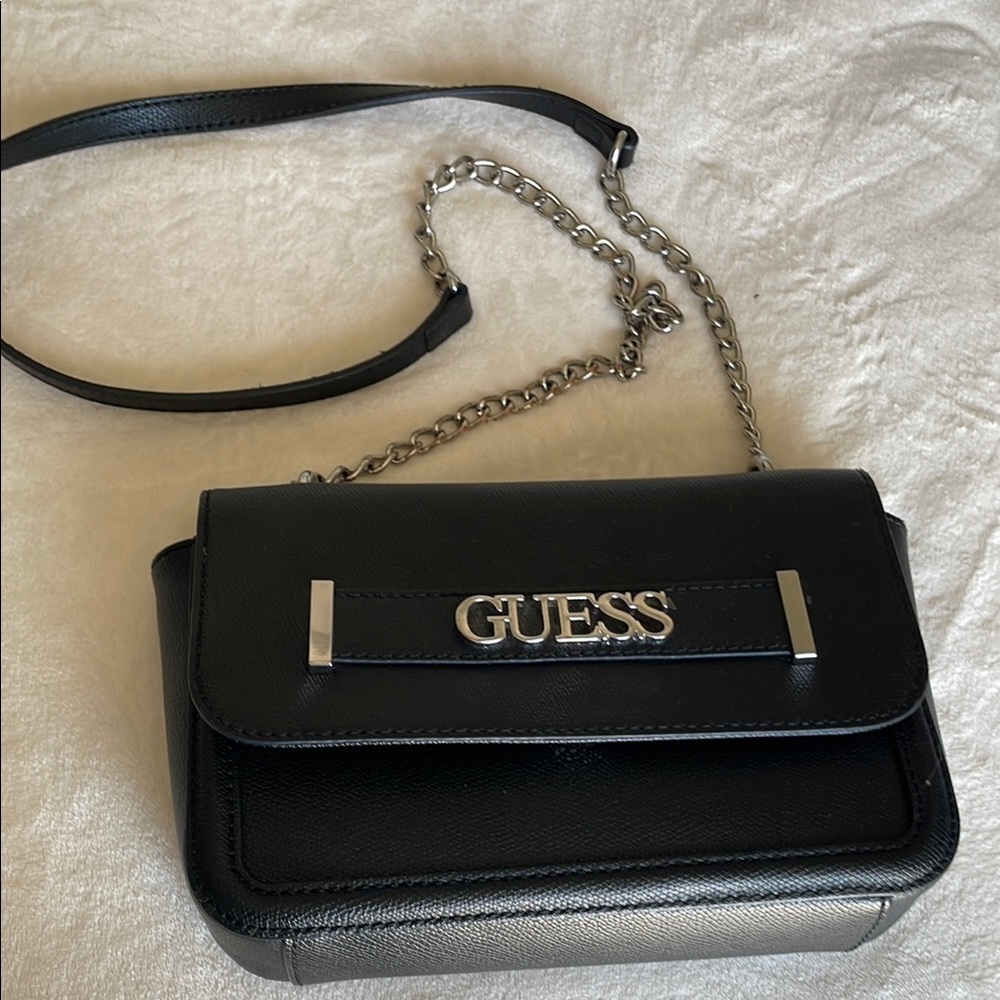Guess Black and Silver Crossbody Bag with Chain Strap